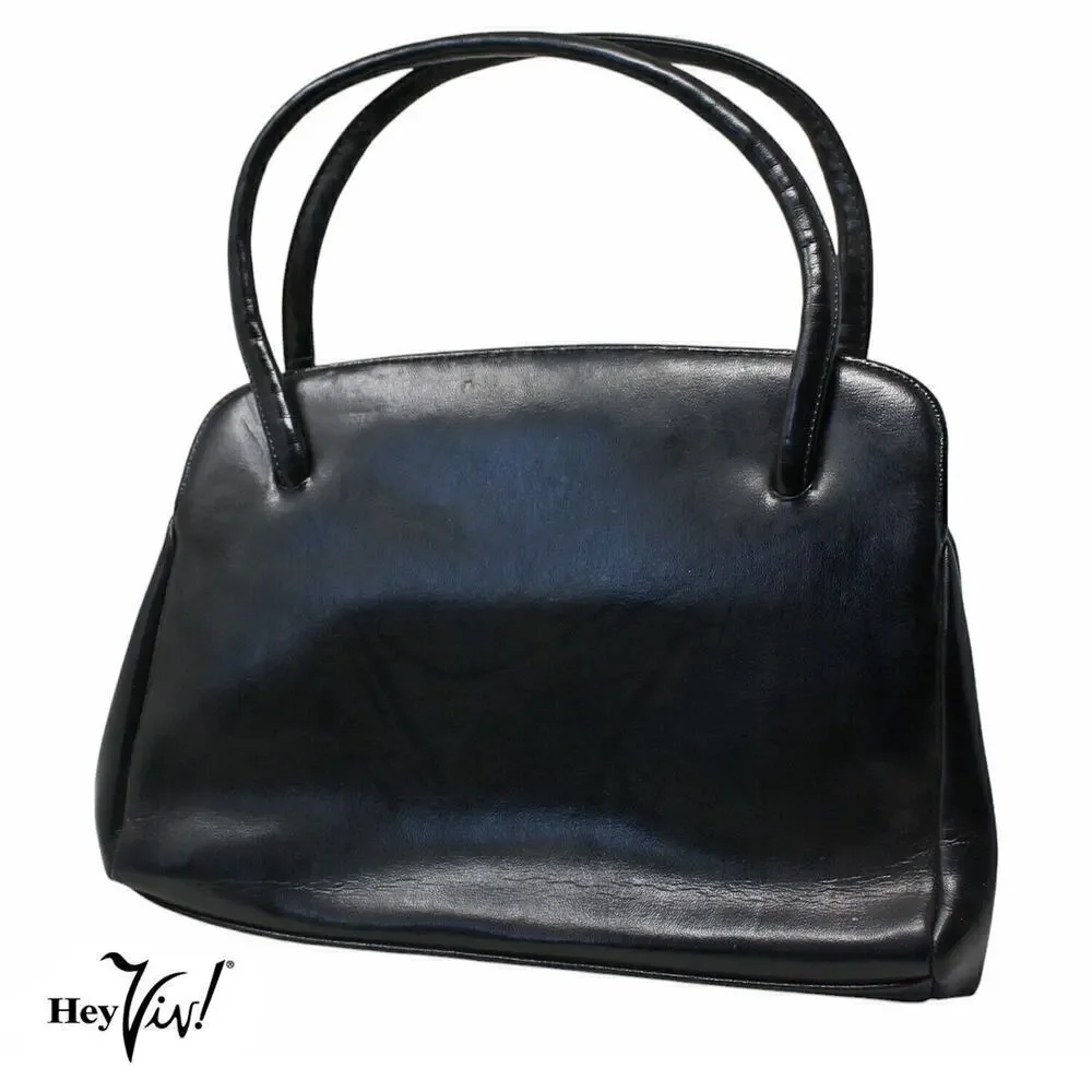 Vintage Large Black Handbag Purse Double Handle Flat Bottom 12x8.5